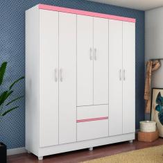 Guarda Roupa Infantil Casal Guarda Roupa Forggia 6 Portas 2 Gavetas MDP Branco-Rosa-Branco Casa H