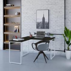 Mesa de Escritório em L Estilo Industrial 120x150cm Kuadra Carvalho Dark/Est.Branca