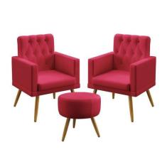 Kit 2 Poltronas Decorativas Estofada Nina e Puff Solar Com Rodapé E Bo