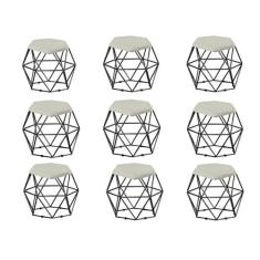 Kit 09 Puff Banqueta Aramado Mila Base Preta Hexágono Suede Bege - DAM