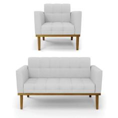 Sofá Namoradeira E Poltrona Base De Madeira Castanho Elisa Linho Cinza