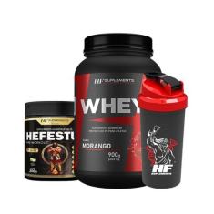 Whey Protein Morango 900G + Pré Treino Limonada + Coq - HF Suplements