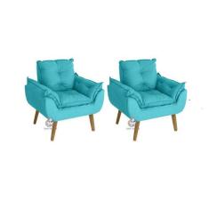 Kit 02 Poltrona/Cadeira Decorativa Glamour Opala Azul Turquesa Com Pés