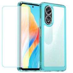 Wanyuexes Capa para Oppo A58 4G, com Protetor de Tela de Vidro Temperado, Parte Traseira Rígida Transparente e Antiamarelamento, Azul Marinho