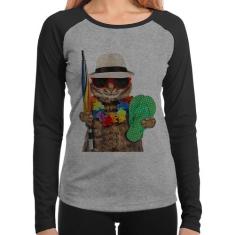 Baby Look Raglan Gato nas Férias Manga Longa - Foca na Moda, Cinza, Pr