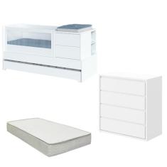 Berço Multifuncional com Cama Auxiliar Sol e Mar com Colchão e Comoda Branco