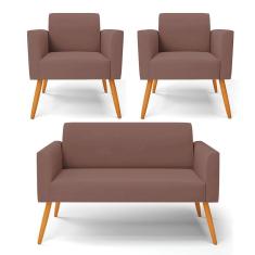 Sofá Namoradeira Com 2 Poltronas Pés Palito Castanho Marisa Veludo Rosê D03 - D'rossi