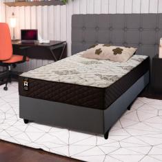 Conjunto Cama Box Cinza c/ Molas Ensacadas Allura Marrom Solteiro 96x203x58