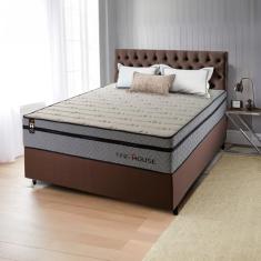 Conjunto Cama Box Marrom c/ Molas Ensacadas Preston Cinza Casal 138x188x71