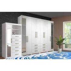 Guarda Roupa 2 Peças Casal QC129 9 Portas de Bater 12 Gavetas em MDP com Espelho e Pés Branco