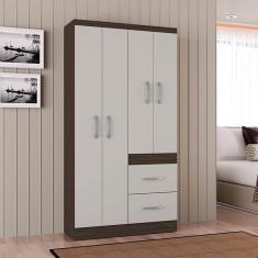 Guarda Roupa Solteiro Milão 4 Portas de Bater 2 Gavetas MDP Chocolate Off White Poquema Móveis