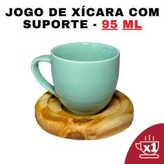 Kit Porta Xícara Circular Com Xícara Em Porcelana Verde 95Ml