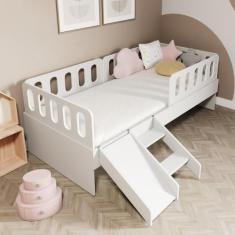 Cama Solteiro Mdf Branco com Escadinha/Escorrega 03 Grades e Cabeceira