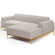 Sofá 5 Lugares Chaise Direito Sala Molino 300cm D02 Pés de ouro Bouclê Creme B-54