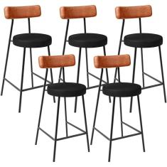 Kit 05 Banquetas Baixa Cozinha Sala Jantar Bancada Milão L02 Couríssimo Camel Preto - Lyam Decor