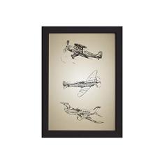 Quadro Vintage Moldura Preta Aviões Antigos Triplo 22x32cm