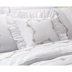 Jogo de Lençol Bordado Queen Bouquet Flores 4 Peças Algodão