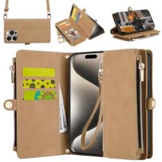 ELESNOW Capa carteira para iPhone 15 Pro Max para mulheres e homens, couro PU com suporte para cartão, alça de pulso, suporte transversal, fecho magnético, capa de telefone flip para Apple iPhone 15