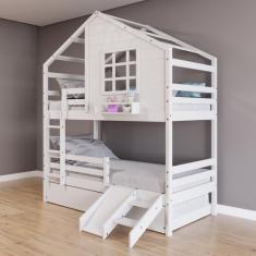 Treliche Casinha com Janela com Escada/Escorregador e Grade de Proteção Madeira Maciça Branco Housin