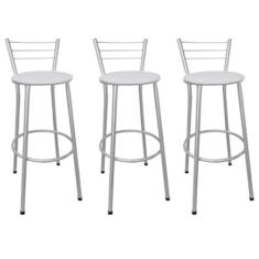 Kit 3 Banquetas Altas Prata com Encosto Assento Branco - Fortmix