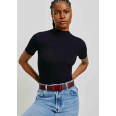 Blusa Básica Feminina Gola Alta Em Ribana Canelada - Hering, XP, Preto