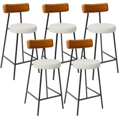 Kit 05 Banquetas Baixa Cozinha Sala Jantar Milão L02 Couríssimo Whisky Linho Champagne - Lyam Decor