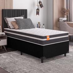 Cama Box Solteiro Colchão Molas Qatar 88x188x60cm Branco / Preto - Suporta até 200Kg Por Pessoa