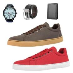 Kit 2 Tênis e Vermelho Casual +Carteira+Cinto+Relógio-Masculino