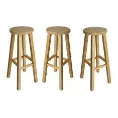 Kit 3 Banqueta Alta Hardman Madeira Natura Assento Redondo - Hardman M