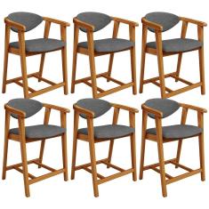 Kit 06 Banquetas Baixa Cozinha Sala De Jantar Bancada Cecília L02 Linho Cinza Escuro - Lyam Decor