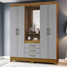 Guarda Roupa Casal B24 4 Portas Bater 3 Gavetas MDP com Espelho Nature Cinza Briz Móveis