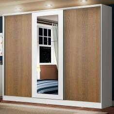 Guarda Roupa Casal Eros 3 Portas de Correr 4 Gavetas 100% MDF Branco-Rustic-Branco Branco-Rustic Madesa