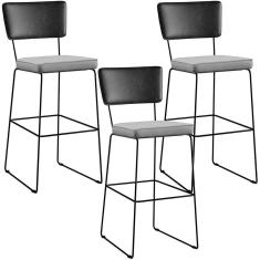 Kit 03 Banquetas Altas Preto Linho Cinza
