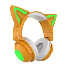 Fones de ouvido sem fio e com fio, orelha de gato LED luz acima Bluetooth sobre orelha Microfone Aurores de amacio de memória macia, fone de ouvido de jogo estéreo dobrável compatível para computador