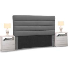 Cabeceira Cama Box Casal King 195cm Greta Suede Cinza e 2 Criados Bran