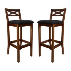 Kit 2 Banquetas Alta Estofada 38x103Cm Ilha Encosto Madri Madeira Maciça Castanho Suede Preto CCS
