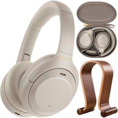 Sony WH1000XM4/S Conjunto de fones de ouvido circum-auriculares com cancelamento de ruído premium sem fio com suporte de exibição de fone de ouvido de madeira Deco Gear e estojo protetor para viagem
