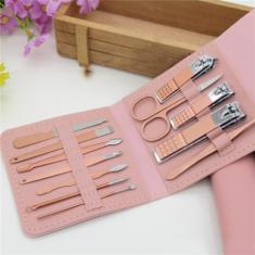 Cortador de unhas terno cortador de unhas tesoura dobrável saco beleza manicure ferramenta de arquivo de unhas, 12 peças rosa
