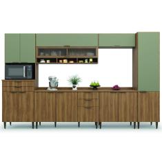 Armário de Cozinha Completa Com Balcão Nicho Para Micro Ondas 13 Portas 5 Gavetas Paris Nogal/Verde Batrol