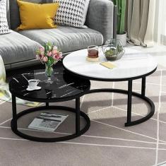 Mesa de centro empilhável com estrutura de metal redonda branca - Mesas de aninhamento elegantes com tampo de vidro com efeito de mármore para escritório doméstico ou sala de estar - Tamanho