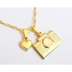 Colar Câmera Fotográfica Chapa Coração Folheado 18k