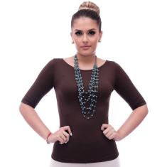 Blusa Feminina Meia Manga com Proteção Solar UV Marrom Decote Canoa