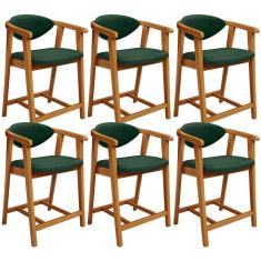 Kit 06 Banquetas Baixa Cozinha Sala de Jantar Bancada Cecília L02 Couríssimo Verde Musgo Lyam Decor