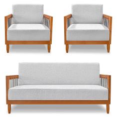 Kit 2 Poltronas e Sofá Living 2 Lugares Marilia 1,60m Linho Base em Madeira Castanho - Pallazio