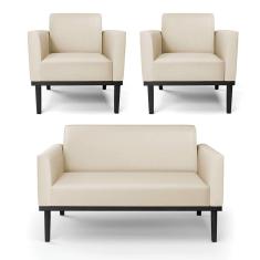 Sofá Namoradeira com 2 Poltronas Base de Madeira Fixa Preto Marisa Corino Bege D03 - D`Rossi