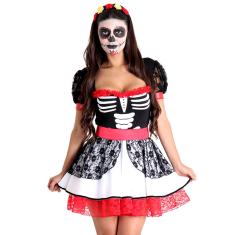 Fantasia Caveira Mexicana Vestido Feminino Adulto com Tiara