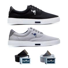 Kit 2 Tênis Casual Em Lona E 2 Cintos Polo Joy Cinza Claro E Preto 48