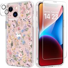 bicol Capa para iPhone 13 com protetor de tela e lente de câmera - Designs florais de flores elegantes para mulheres e meninas - Capa de telefone transparente de acrílico à prova de choque de 6,1