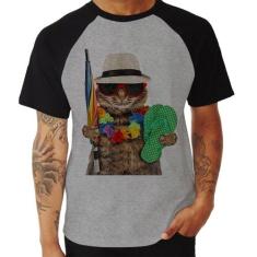 Camiseta Raglan Gato nas Férias - Foca na Moda, Cinza, Preto, M