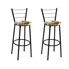 Kit 2 Banquetas Médias Preta com Encosto Assento Floral Marrom